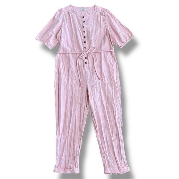 Madewell Linen Blend Button Front Jumpsuit Pink Short Sleeve Pockets Women’s XL - Picture 1 of 12